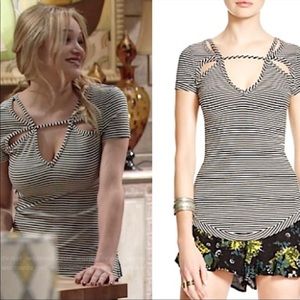 Free People Black and White Striped Short Sleeve Cutout Top